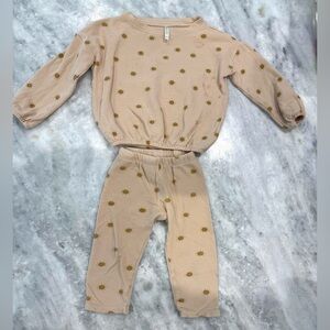 Rylee + Cru Beige Waffle Knit Set with Mustard Sun Motifs